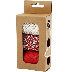 Gaveb�nd i papirsnor og bast, r�d-hvid harmoni, 3x10 meter