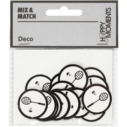 Kartonmrkat, str. 25mm, hvid/sort, badminton ketcher &amp; fjerbold, 20 stk