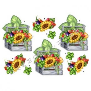 3D klippeark - Blomster, Tr�kasse m/solsikke og gr�ntsager
