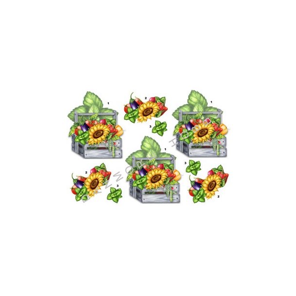 3D klippeark - Blomster, Tr�kasse m/solsikke og gr�ntsager