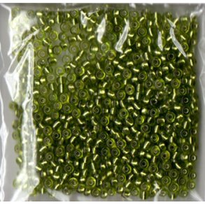 Glasperler, Rocailles 2,5mm, ca. 20g lys grn glas m/slv kerne
