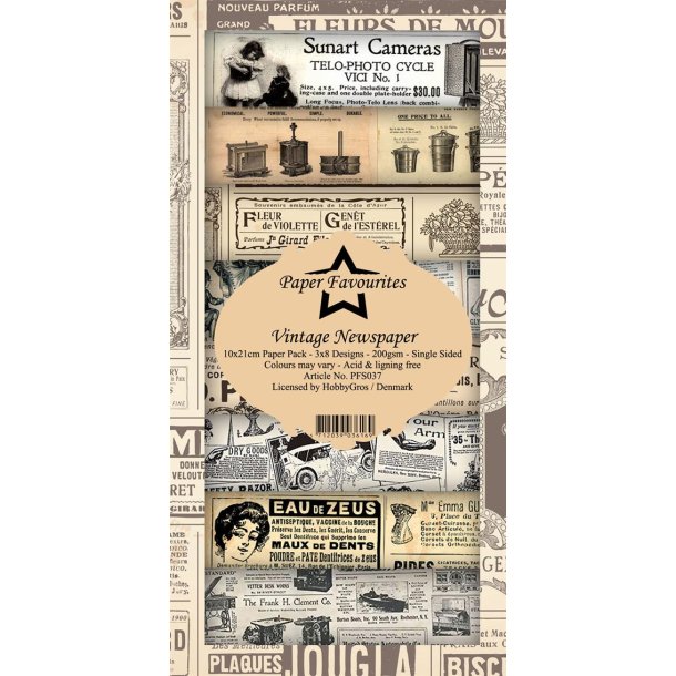 Papirblok i slimcard strrelse 10x21cm, 8 design, 24 ark, Paper Favourites "Vintage Newspaper"