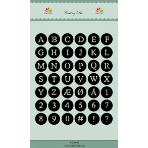 Dies/skre stencil, Alfabet, tal & tegn i cirkler som hver mler 2 cm, 7 dies