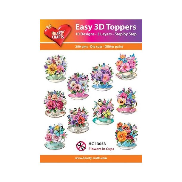 3D toppers - udstanset, smukke blomster i kopper, 10 ass. motiver, HC13053