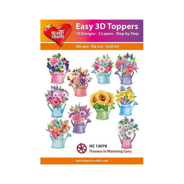3D toppers - udstanset, blomster i vandkander, 10 ass. motiver, HC13078