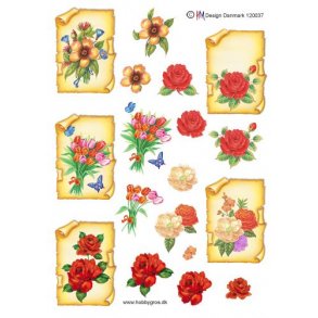 3D klippeark - Blomster, sm motiver, pergament m/blomster