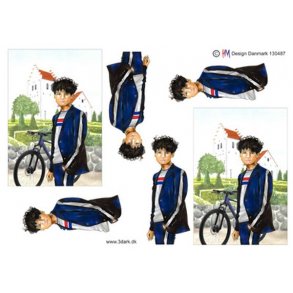 3D klippeark - Konfirmation. Dreng foran cykel og kirke