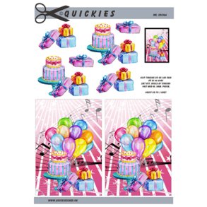 3D klippeark - Festligt kort m/balloner, gave & kage, pink baggrund