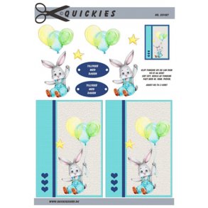3D klippeark - B�rnemotiv, s�d kanin med balloner, lysebl� farver