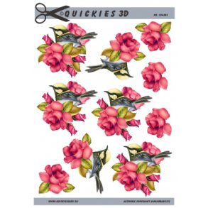 3D ark - Blomster, lille fugl i pink rose